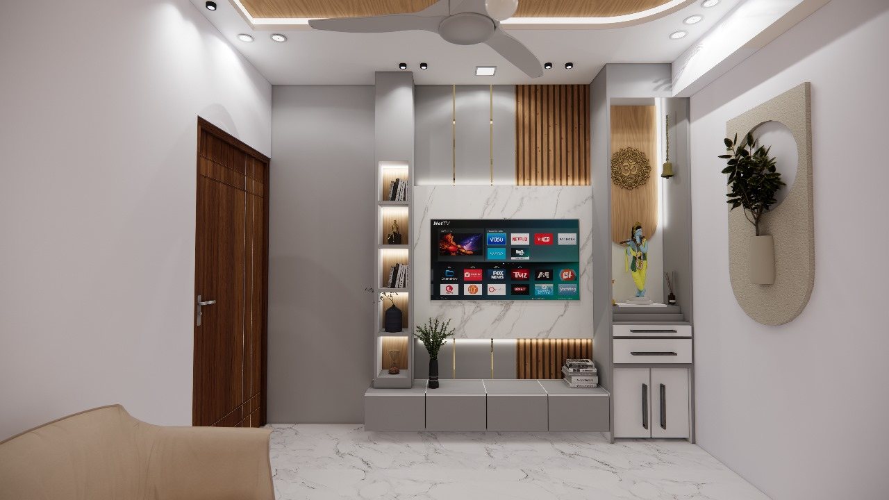 3D render of a living room with marble TV wall, wooden slats and backlit shelving