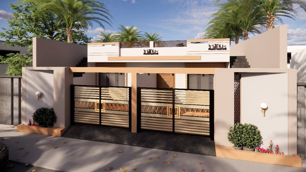 Twin Residence perspective view in daylight with palm trees