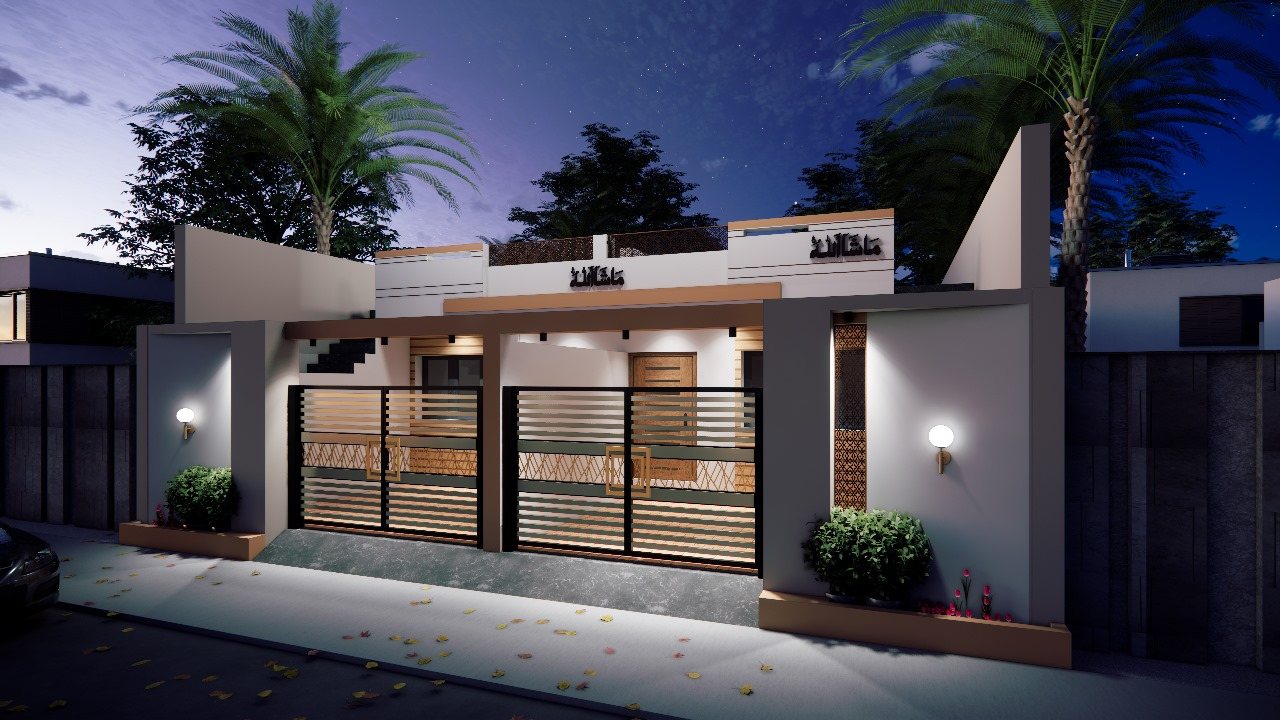 Twin Residence perspective view at dusk with wall lights on